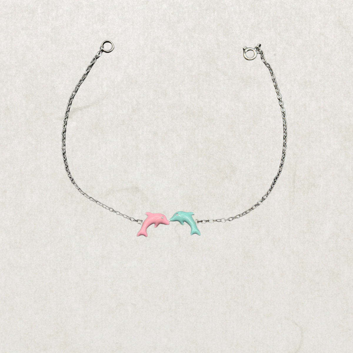 Sterling Silver Dolphin Charm Bracelet – Pink & Blue Enamel, Minimalist Cute Jewelry