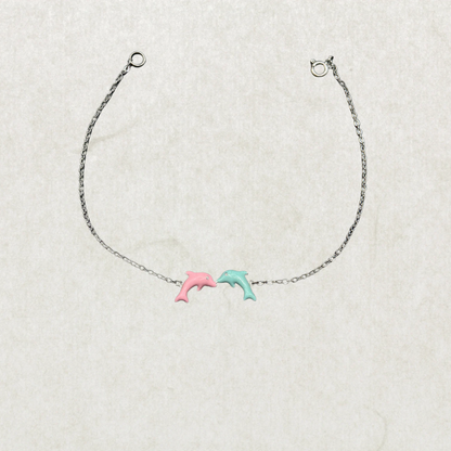 Sterling Silver Dolphin Charm Bracelet – Pink & Blue Enamel, Minimalist Cute Jewelry