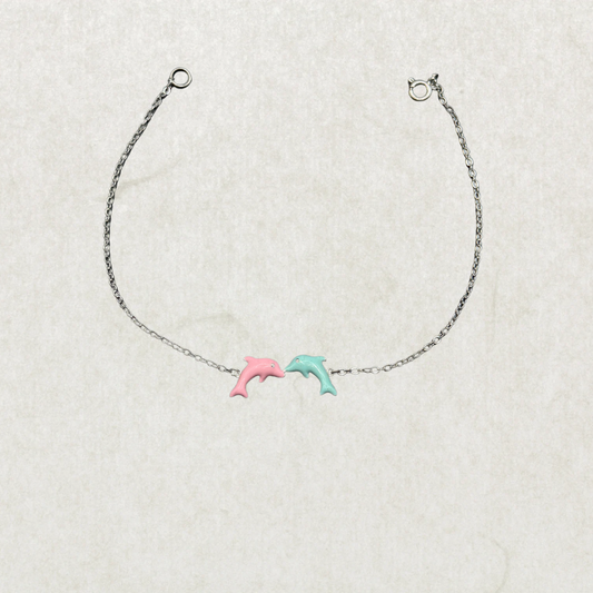 Sterling Silver Dolphin Charm Bracelet – Pink & Blue Enamel, Minimalist Cute Jewelry
