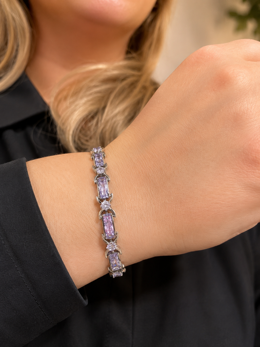 Vintage Sterling Silver 925 Purple Stone Tennis Bracelet – Lavender CZ Link Bracelet – 7.5” – Elegant Statement Jewelry