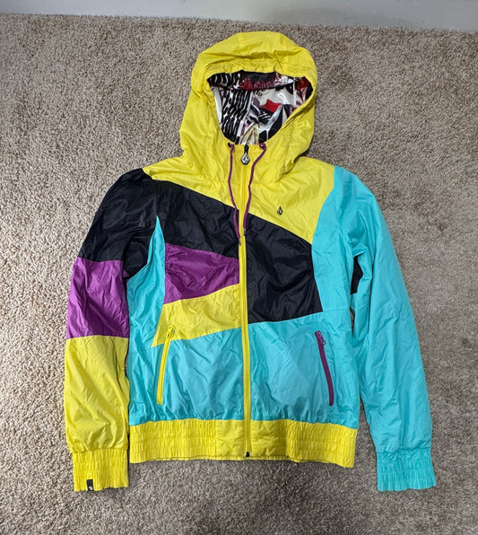 Vintage Volcom Women’s Hooded Jacket – Size L, Colorblock Windbreaker, Graphic Lined (Excellent)