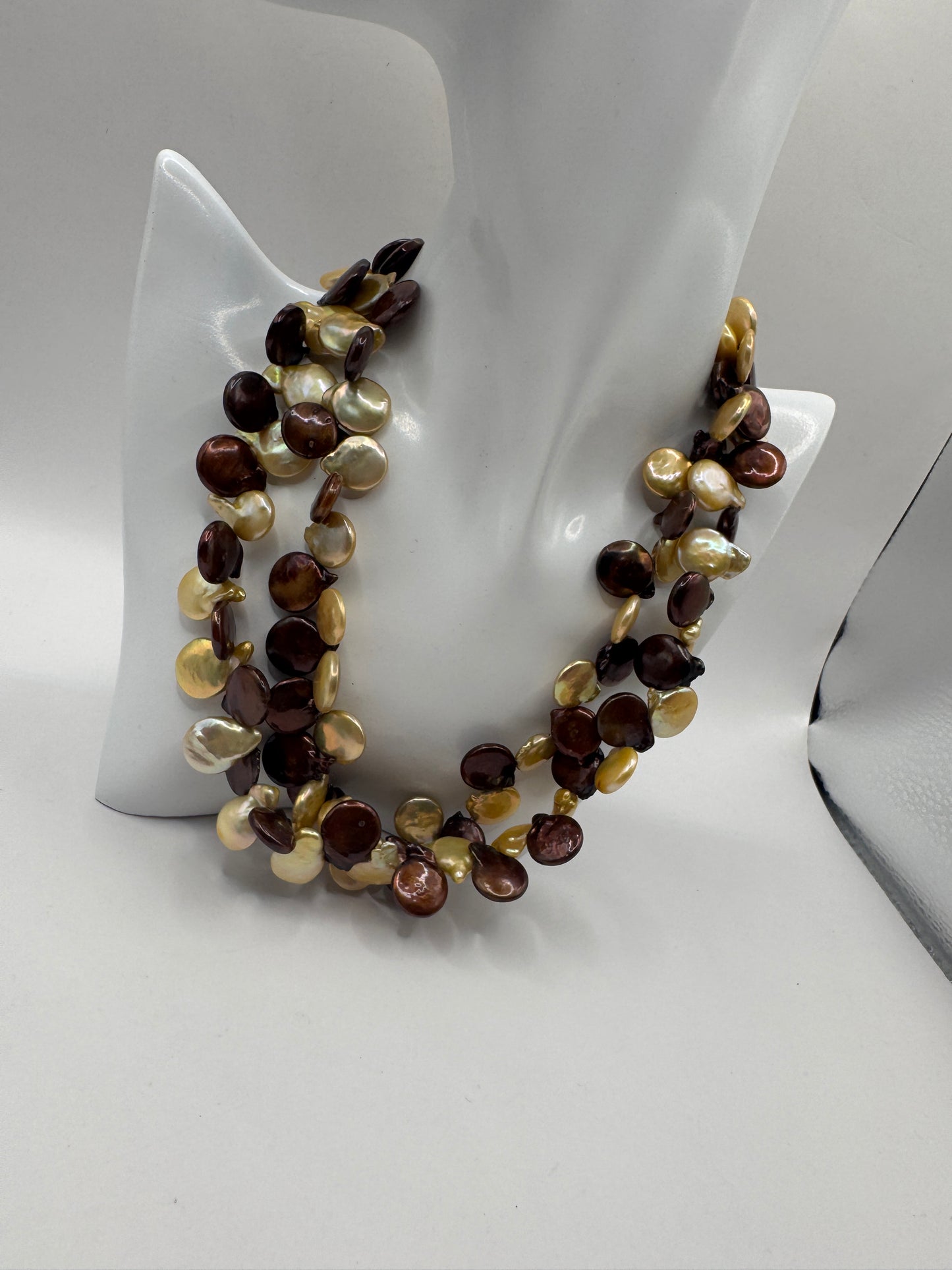 Vintage Double Strand Brown Mother of Pearl Shell Nugget Necklace – 925 Sterling Silver Clasp