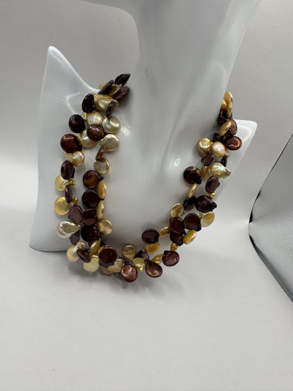 Vintage Double Strand Brown Mother of Pearl Shell Nugget Necklace – 925 Sterling Silver Clasp