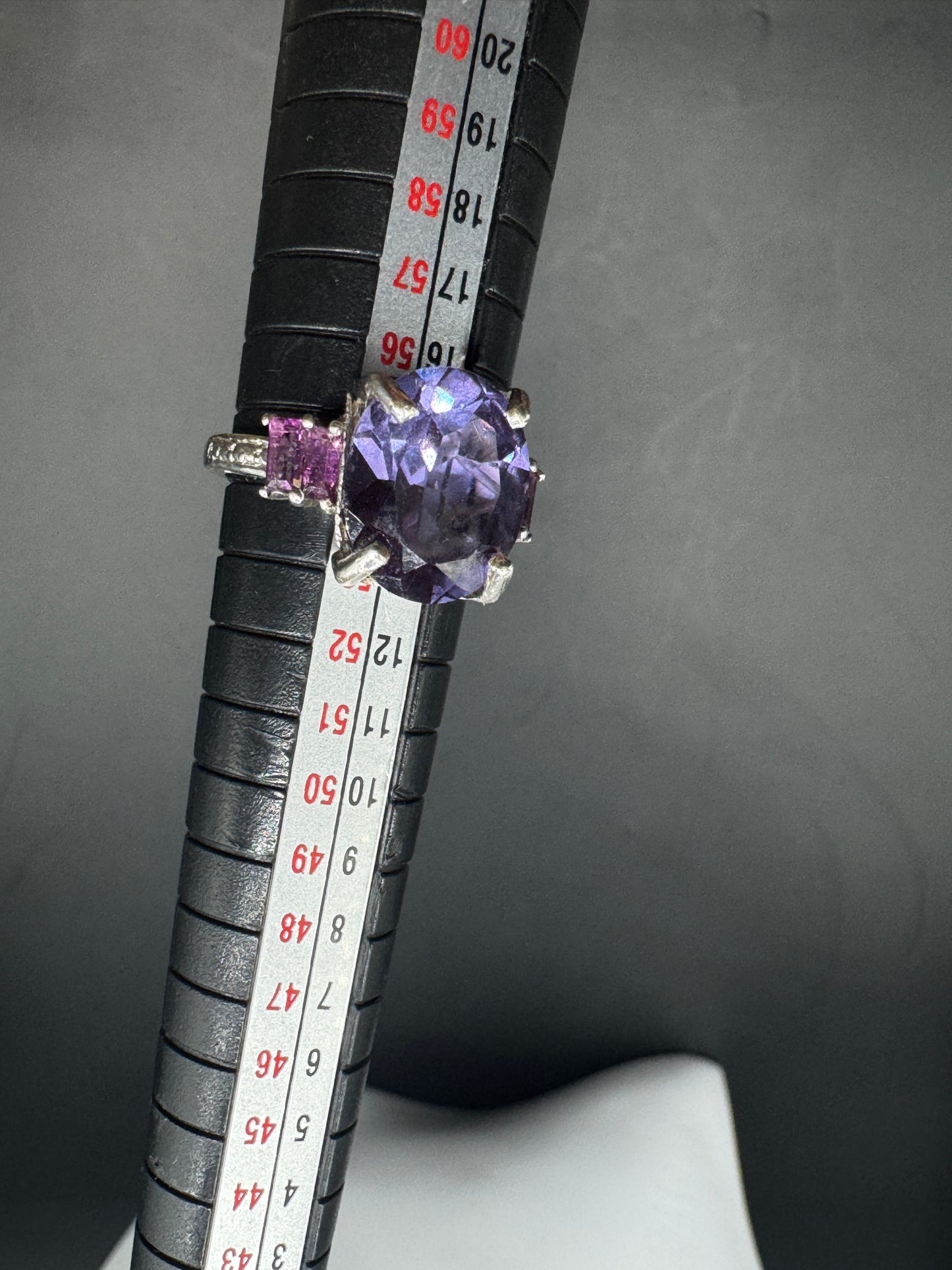 Vintage Sterling Silver Ring with Large Purple Stone & Pink Side Accents – Statement Cocktail Ring Sz 7