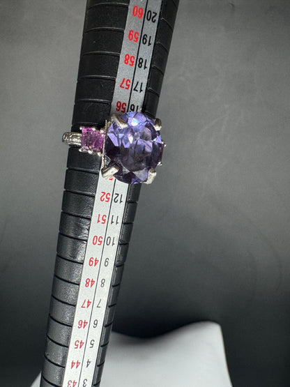 Vintage Sterling Silver Ring with Large Purple Stone & Pink Side Accents – Statement Cocktail Ring Sz 7