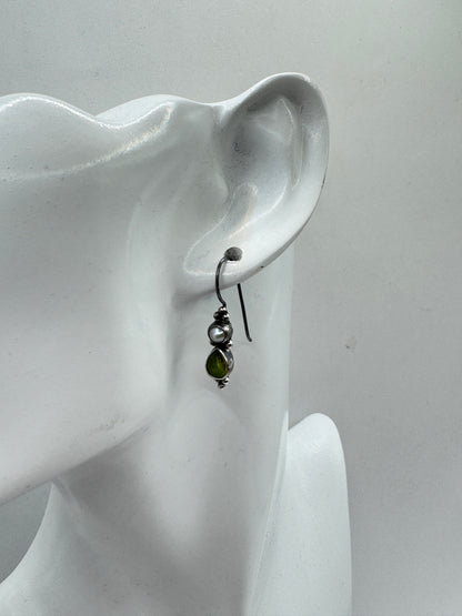 Vintage Sterling Silver Peridot & Pearl Drop Earrings – Artisan Gemstone Dangles