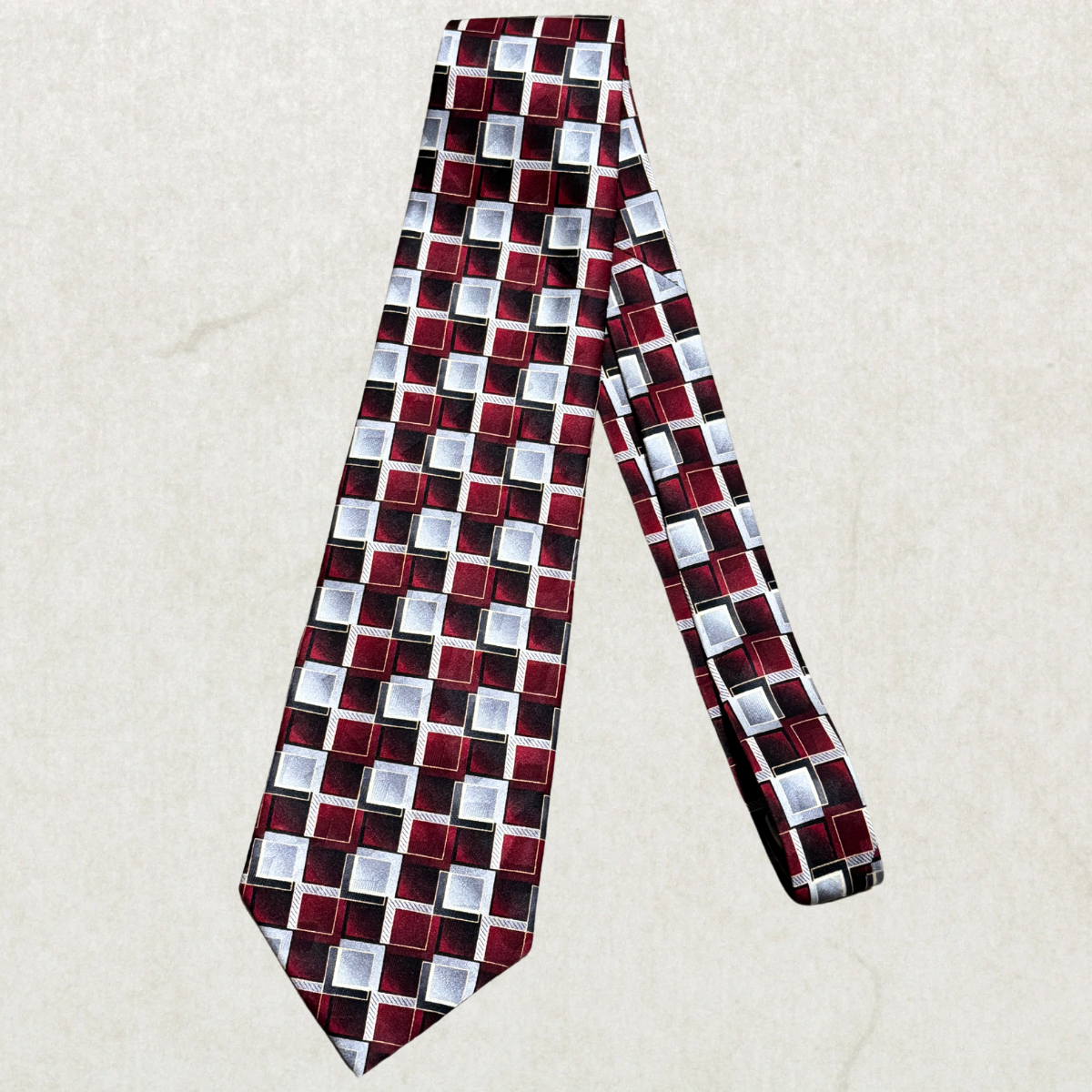 Vintage Pierre Cardin 100% Silk Geometric Tie – Burgundy Gray Abstract Designer Necktie 57” x 4”