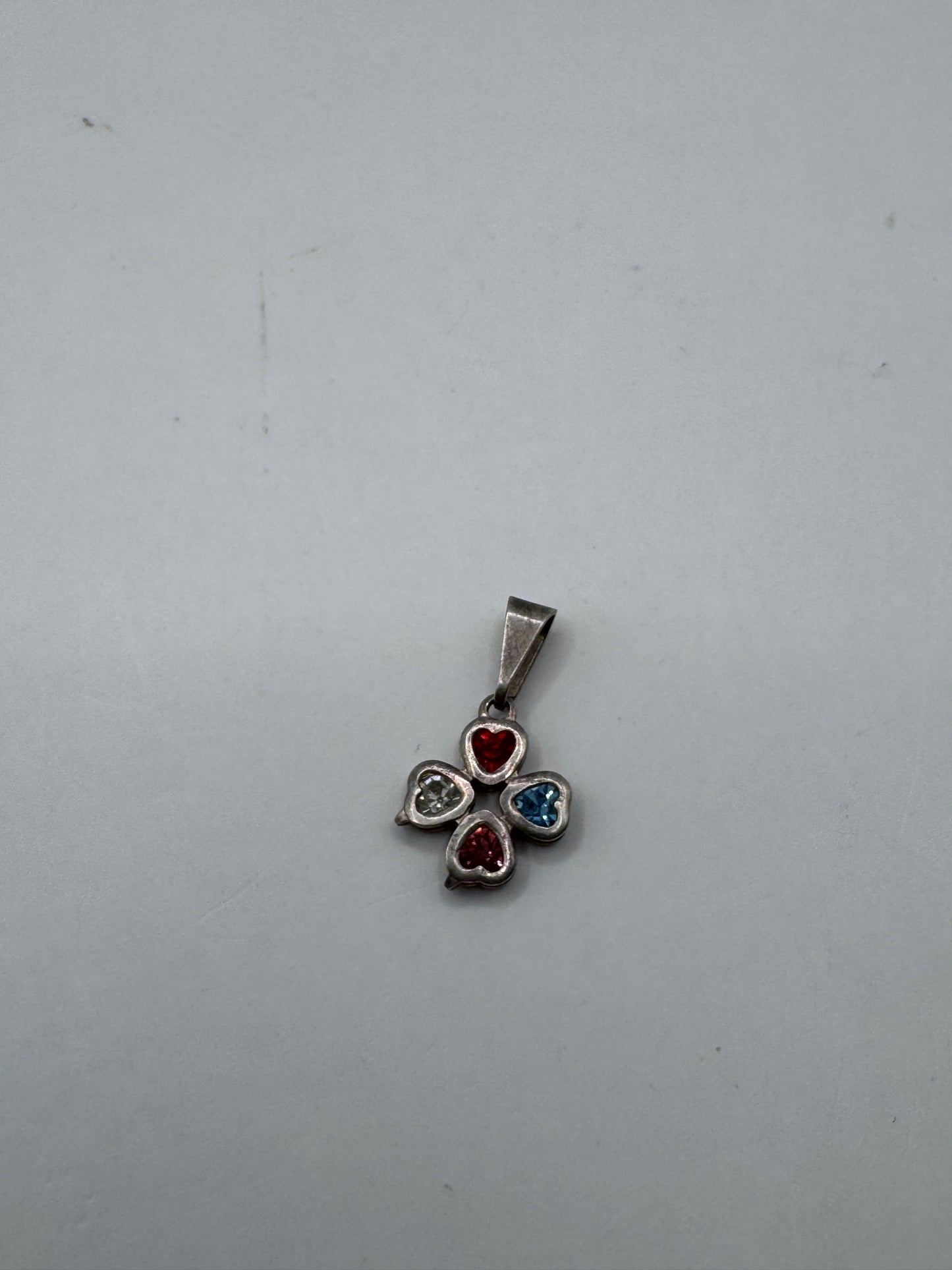 Vintage Sterling Silver Artisan Cross Pendant with Heart Gemstones – Excellent Condition