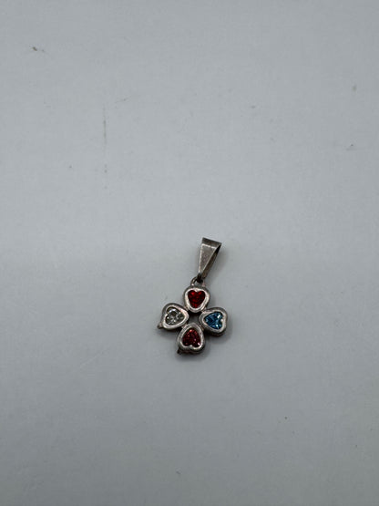 Vintage Sterling Silver Artisan Cross Pendant with Heart Gemstones – Excellent Condition