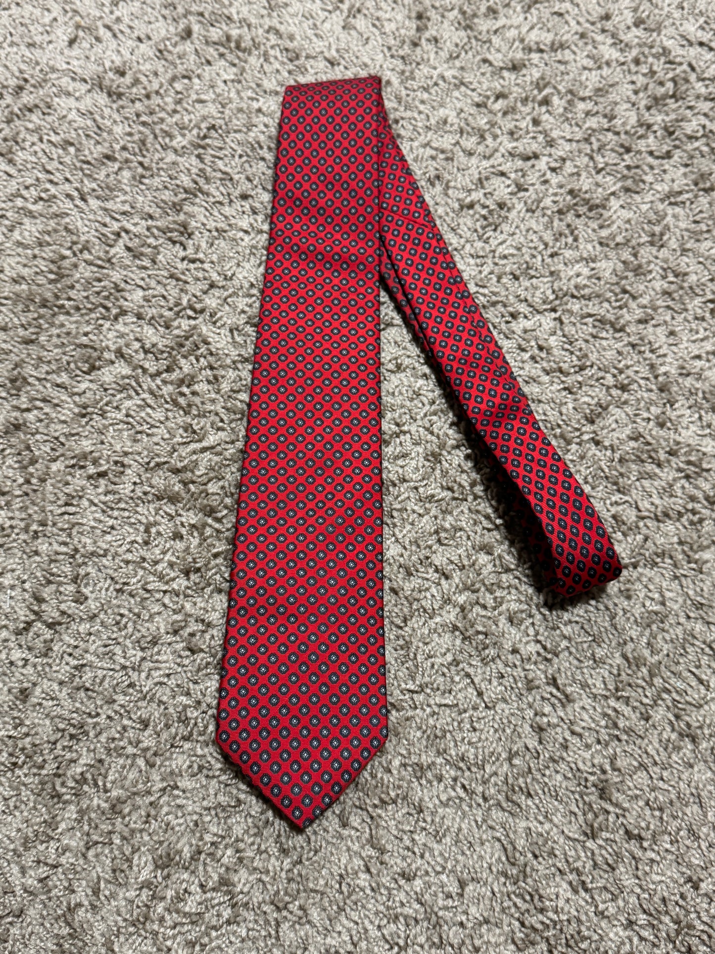 Vintage Leishman by Tip Top 100% Silk Tie – Red Geometric Pattern Designer Necktie 58” x 3”