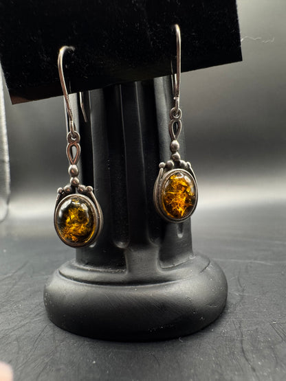 Sterling Silver & Amber Vintage Earrings