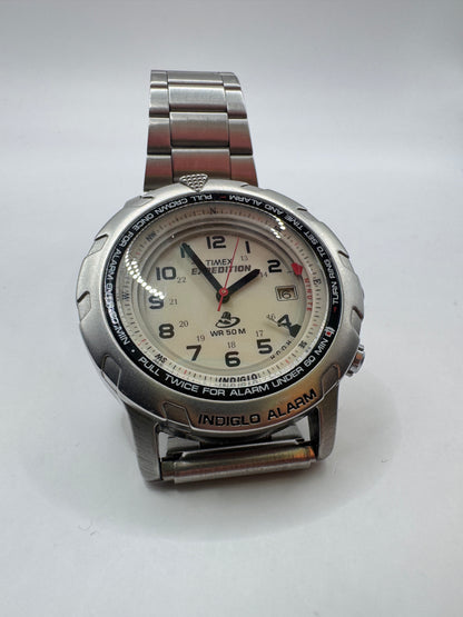 Rare Vintage Timex Expedition Men’s Watch – 39mm, Silver Tone, Indiglo Alarm, Date, SS