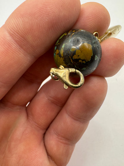 Vintage Sterling Silver Bracelet – Turquoise & Rutilated Quartz Cabochon, Golden Flax Accents