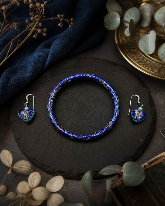 Vintage Cloisonné Enamel Bangle & Earrings Set – Sterling Silver 925, Floral Blue Design