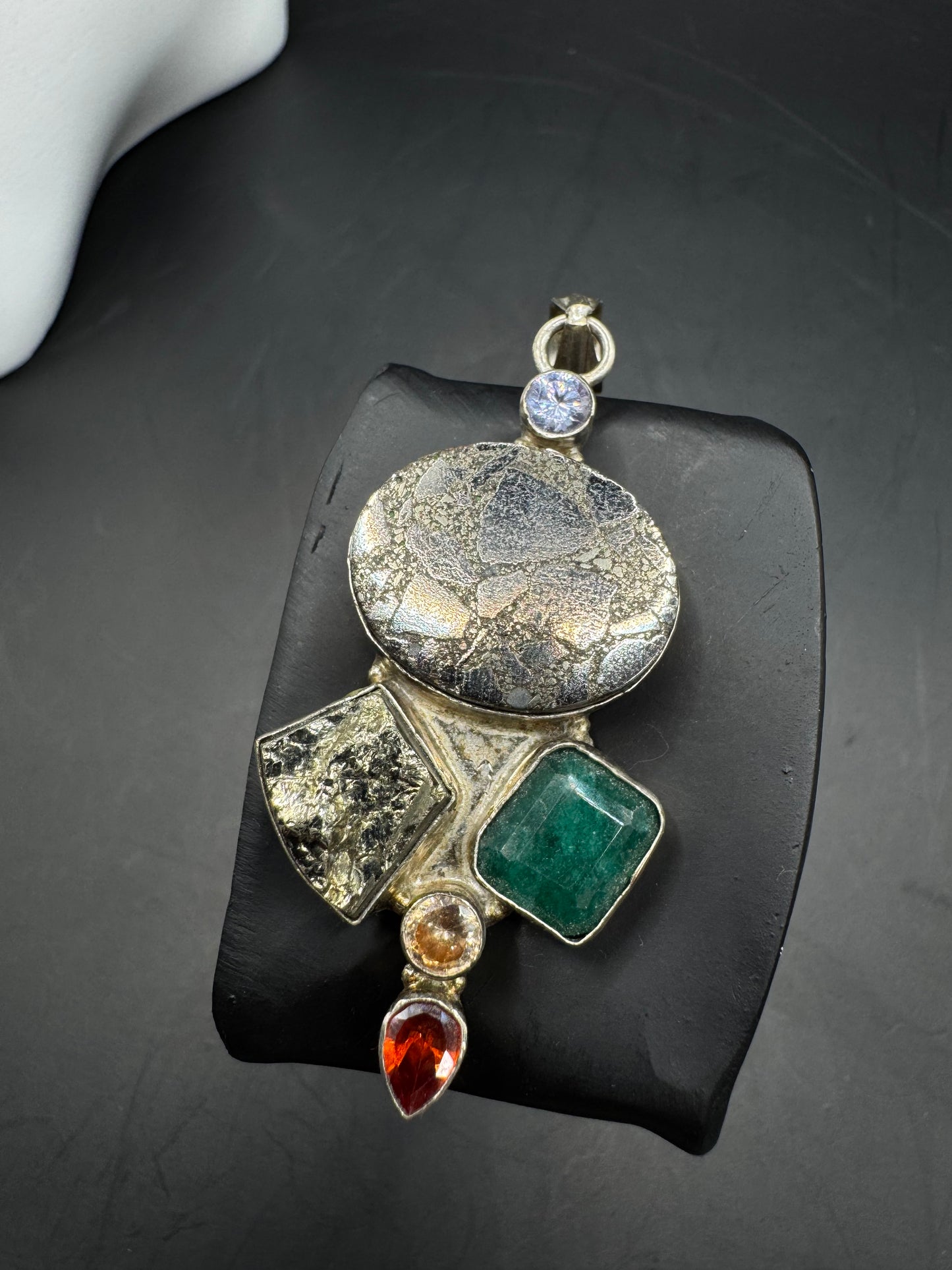 Large Vintage Sterling Silver Pendant with Natural Gemstones