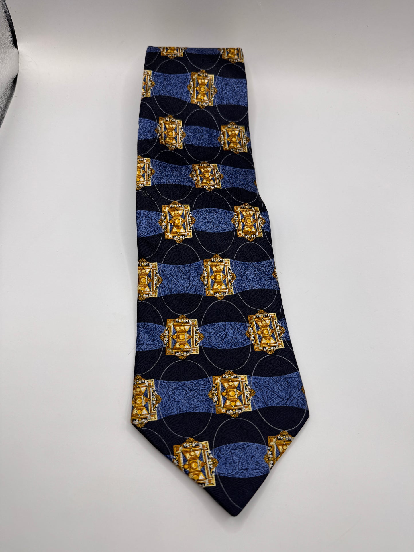 Vintage Hunt Club 100% Silk Tie – Geometric Blue & Gold Pattern, 56” x 4”