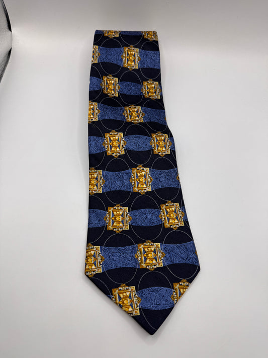 Vintage Hunt Club 100% Silk Tie – Geometric Blue & Gold Pattern, 56” x 4”