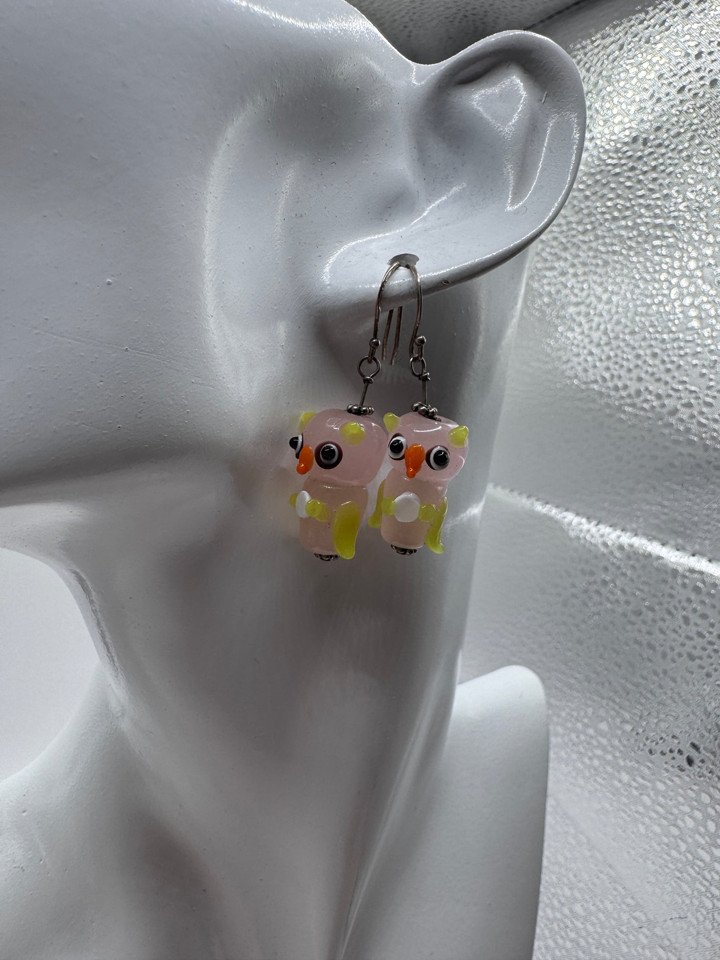 Vintage Handmade Sterling Silver 925 Murano Glass Owl Earrings