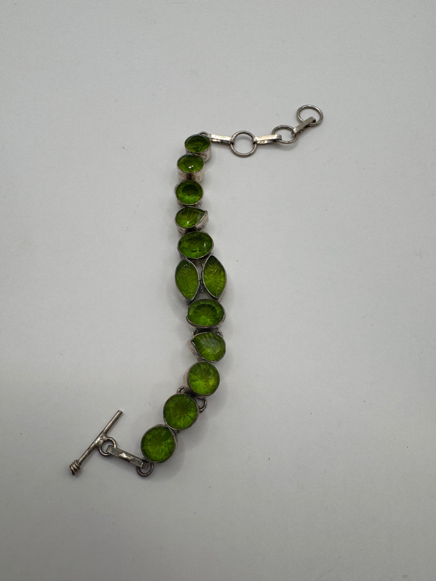 Vintage Custom Sterling Silver Bracelet with Green Glass Stones – 7.5"
