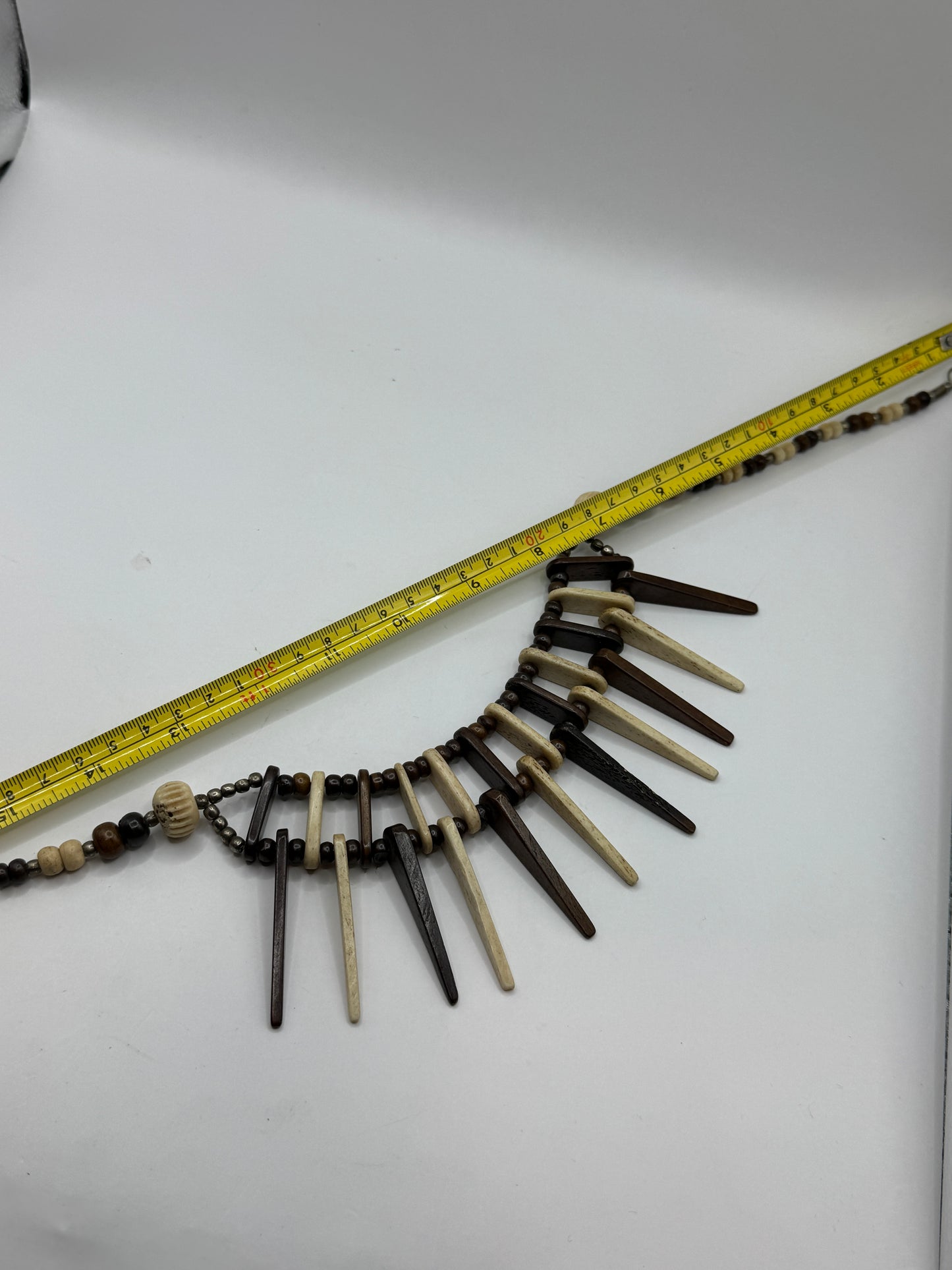 Vintage Bohemian Artisan Necklace – Bone & Mahogany Wood, Tribal Fringe Design, 20”