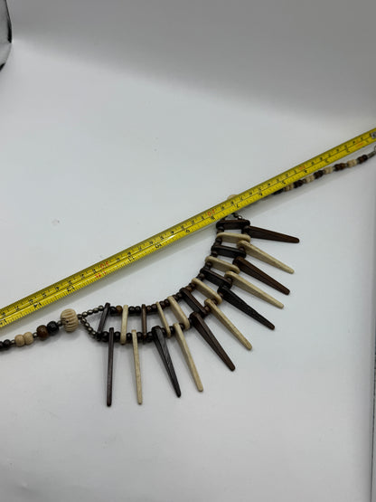 Vintage Bohemian Artisan Necklace – Bone & Mahogany Wood, Tribal Fringe Design, 20”