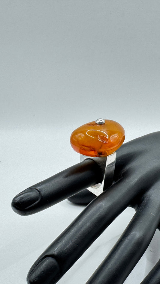 Mogens Godskesen Sterling Silver Ring with Large Amber, Size 7.5