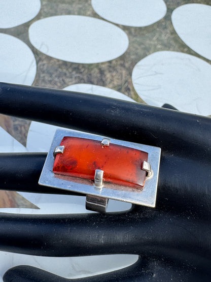 Vintage Mogens Godskesen Danish Modernist Sterling Silver Ring Amber Sz 8