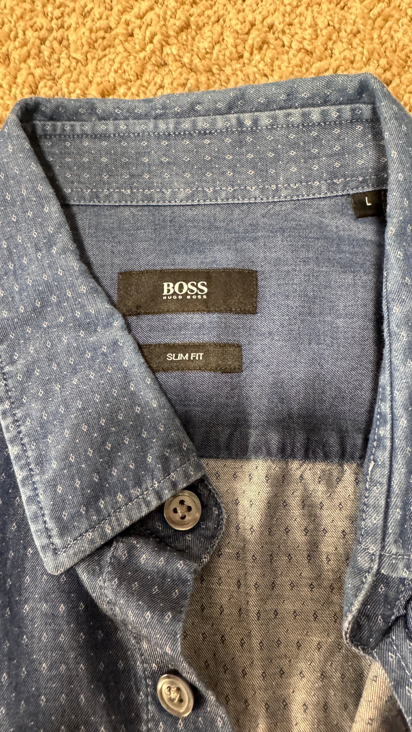 BOSS Hugo Boss Men’s Slim Fit Dress Shirt – Size L, Blue Micro-Print, Long Sleeve