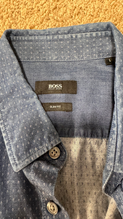 BOSS Hugo Boss Men’s Slim Fit Dress Shirt – Size L, Blue Micro-Print, Long Sleeve