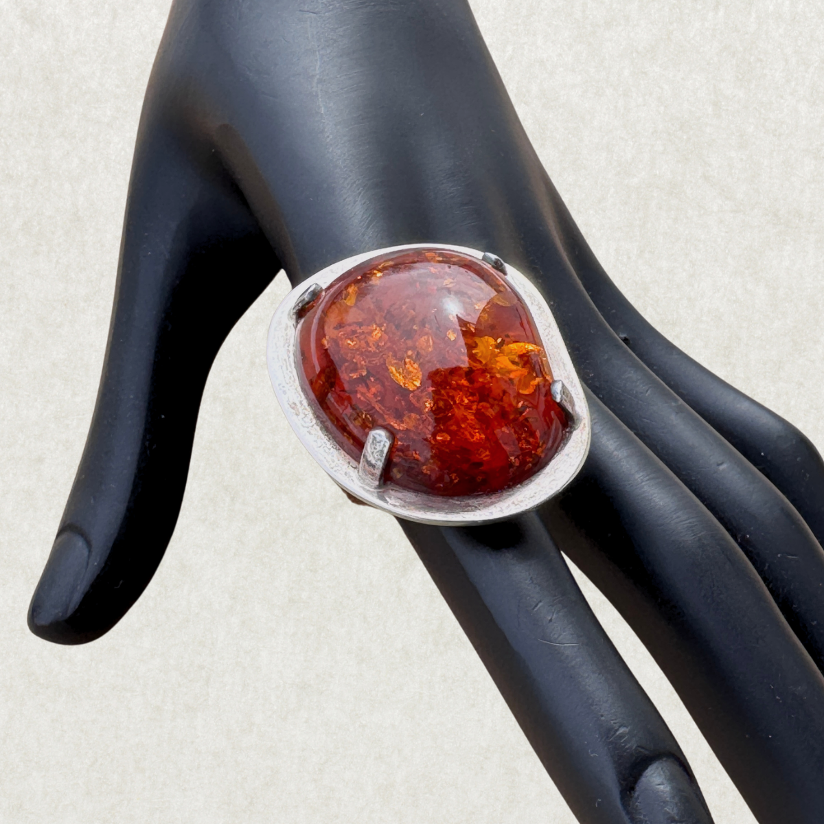 Mogens Godskesen Sterling Silver Ring with Large Baltic Fire Amber, Size 7
