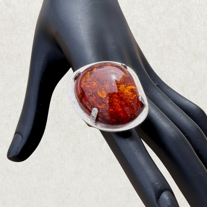 Mogens Godskesen Sterling Silver Ring with Large Baltic Fire Amber, Size 7
