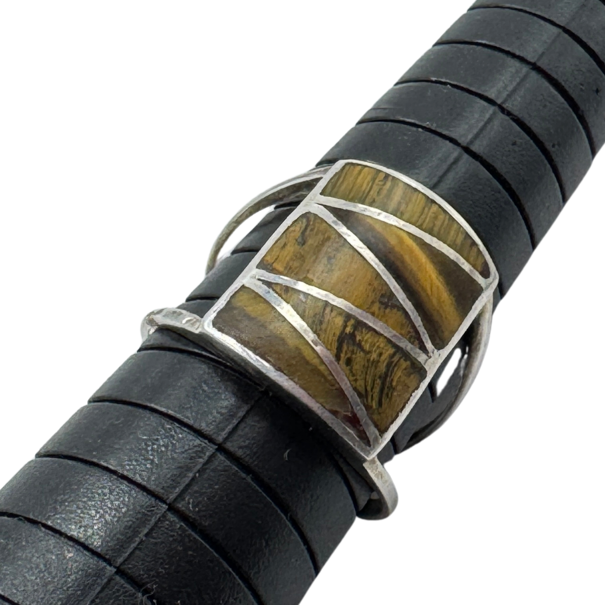 Vintage Native American Sterling Silver Tiger’s Eye Inlay Ring Size 7 – TMA 925 – Geometric Modernist