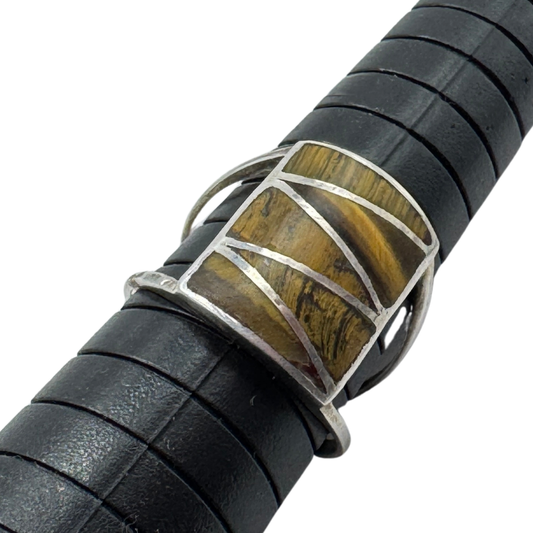 Vintage Native American Sterling Silver Tiger’s Eye Inlay Ring Size 7 – TMA 925 – Geometric Modernist