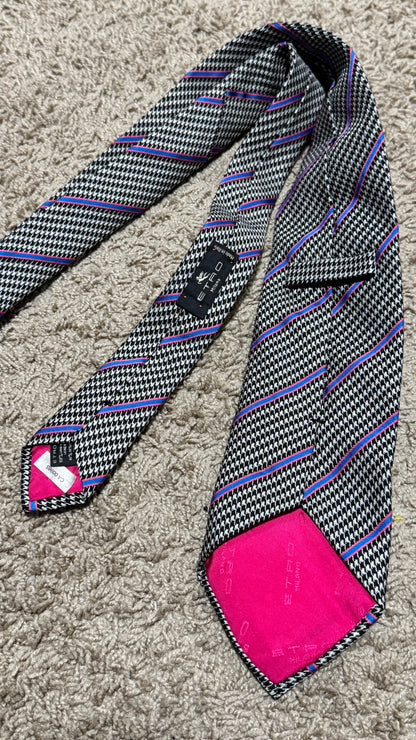 Vintage Etro Milano Tie – Houndstooth & Stripe Pattern, Wool/Silk Blend, Made in Italy, 57”