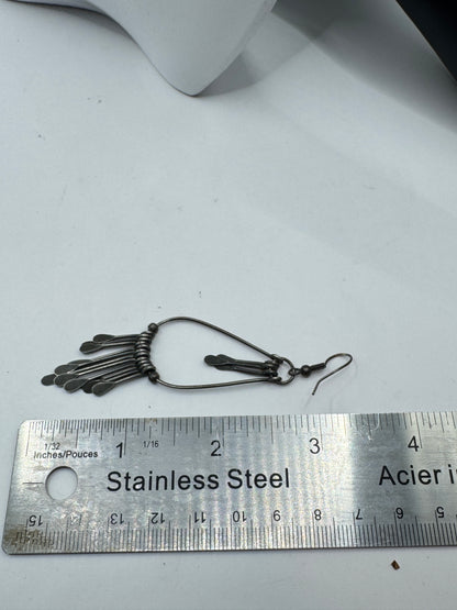 Vintage Silver Tone Dangle Earrings – Fringe Boho Tribal Style, 60s–70s