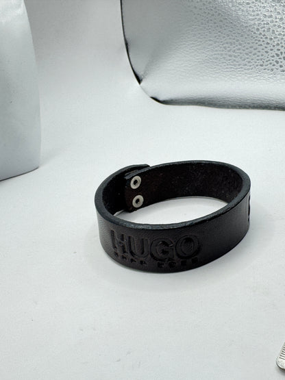 Vintage HUGO BOSS Genuine Leather Bracelet – Black Men’s Designer Wristband 8.5”