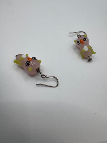 Vintage Handmade Sterling Silver 925 Murano Glass Owl Earrings