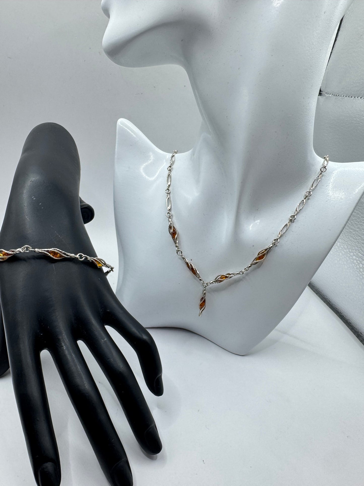 Sterling Silver Amber Necklace and Bracelet Set