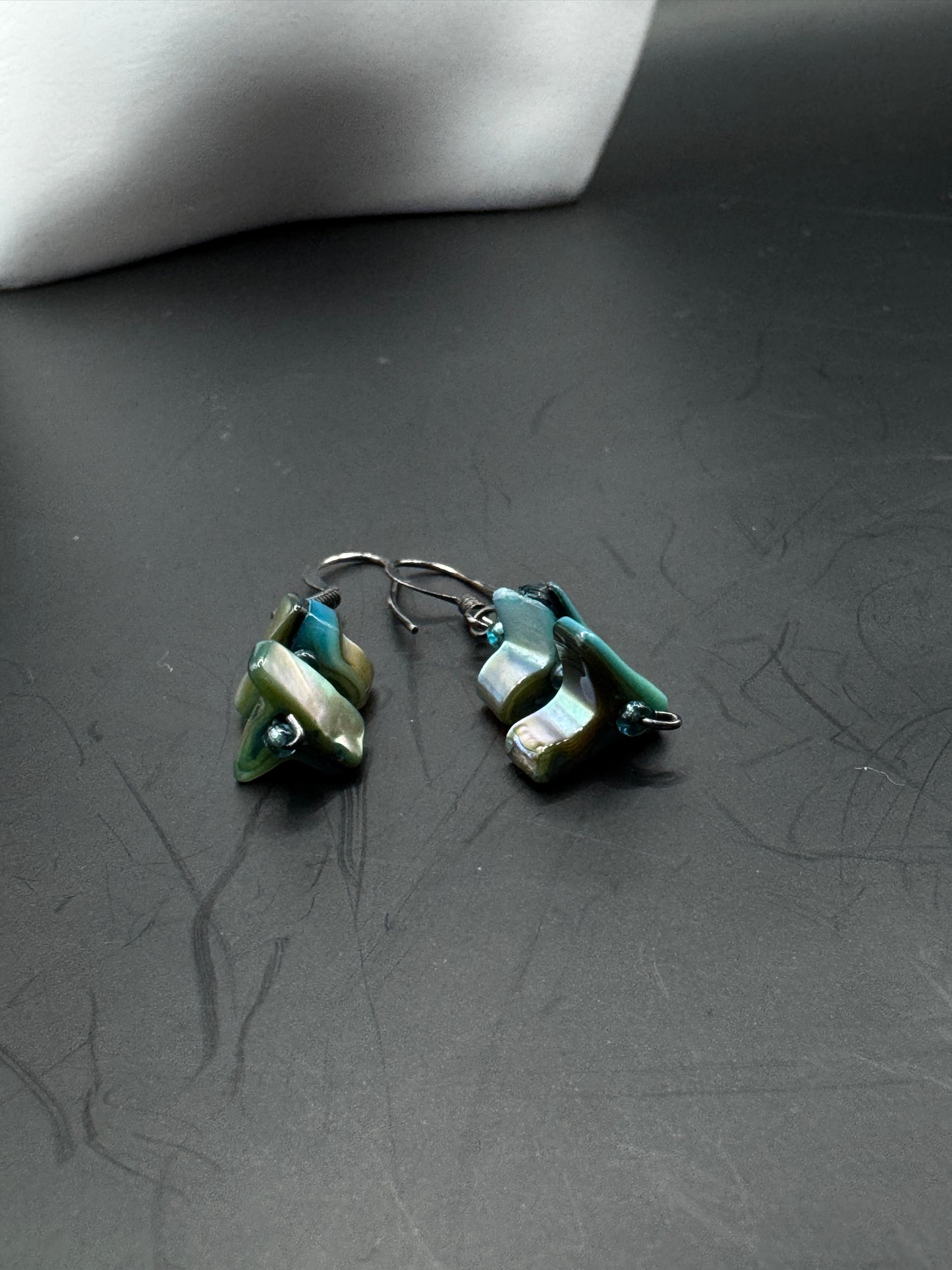 Vintage Sterling Silver Abalone Shell Drop Earrings – Iridescent Blue Green, Organic Design