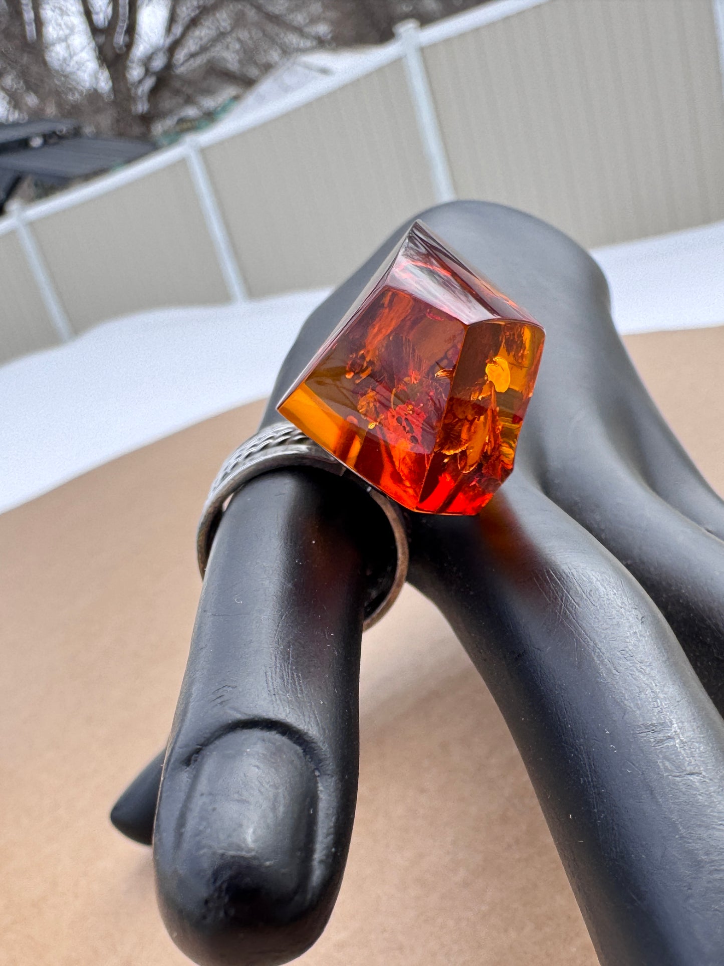 Sterling Silver Ring with Large Faceted Amber, Size 9