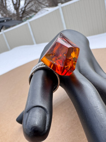 Sterling Silver Ring with Large Faceted Amber, Size 9