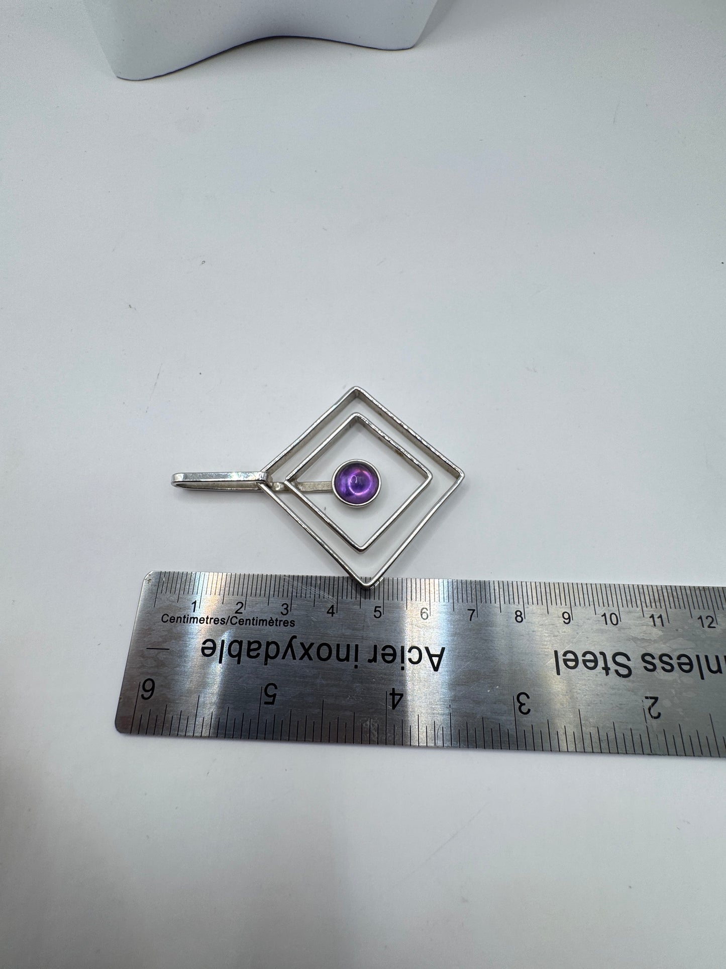 Vintage Large Artisan Sterling Silver Pendant with Amethyst, Rhodium-Plated – Excellent Condition