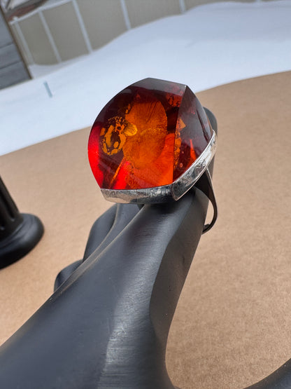 Sterling Silver Ring with Faceted Fire Amber, Size 7.5
