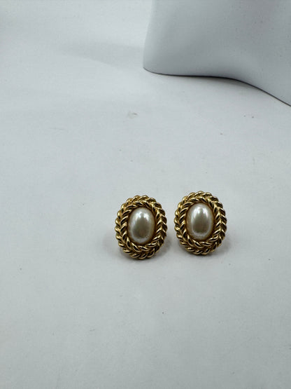 Vintage Christian Dior Earrings – Faux Pearl Gold Tone Rope Frame, Classic Statement