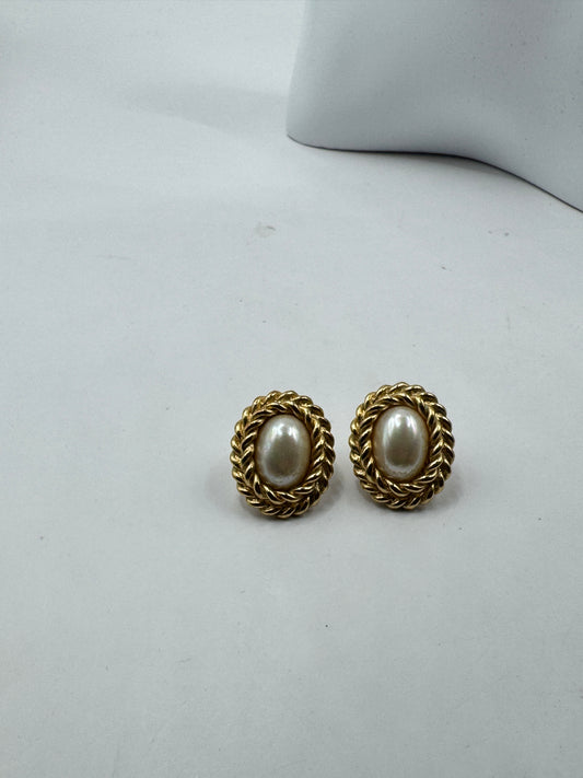 Vintage Christian Dior Earrings – Faux Pearl Gold Tone Rope Frame, Classic Statement