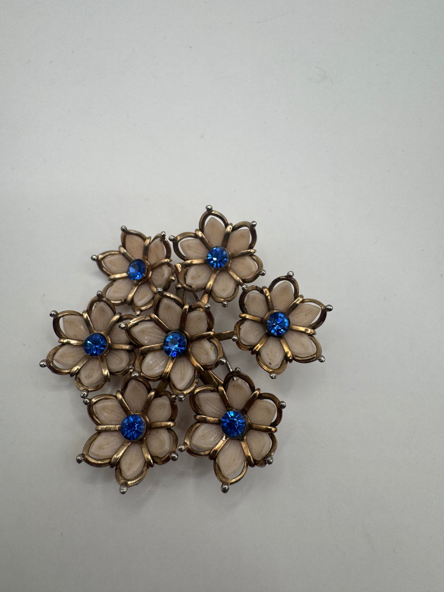 Vintage 1940s–1950s Floral Brooch with Blue Rhinestones