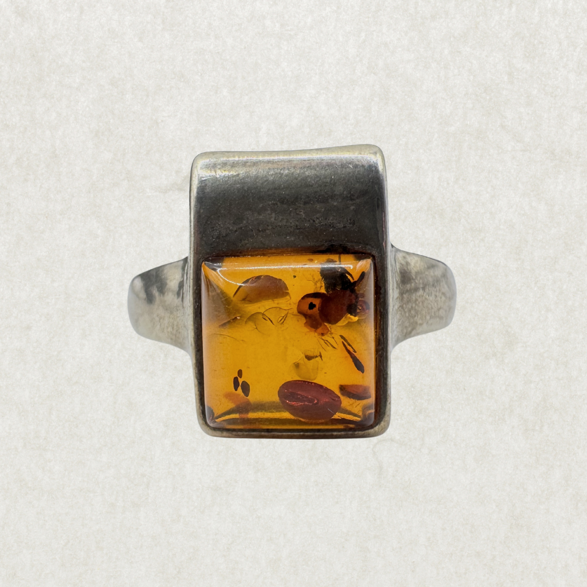 Sterling Silver Rectangular Amber Ring Size 7.5