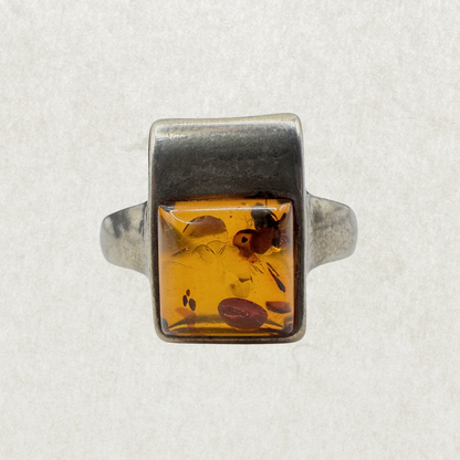 Sterling Silver Rectangular Amber Ring Size 7.5