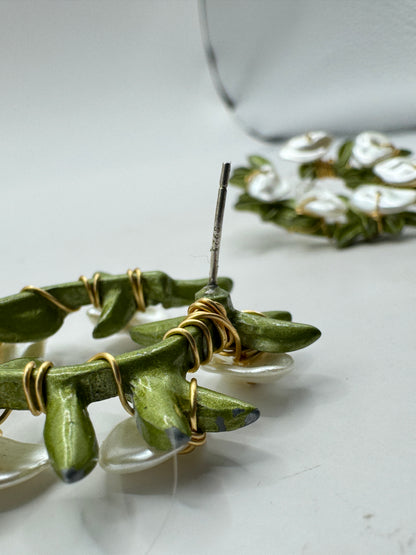 Handcrafted Lily of the Valley Hoop Earrings – Brass & Freshwater Pearl Style with Sterling Silver 925 Posts