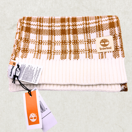 New Timberland Wheat Plaid Scarf – Logo Patch, 64" x 10", NWT